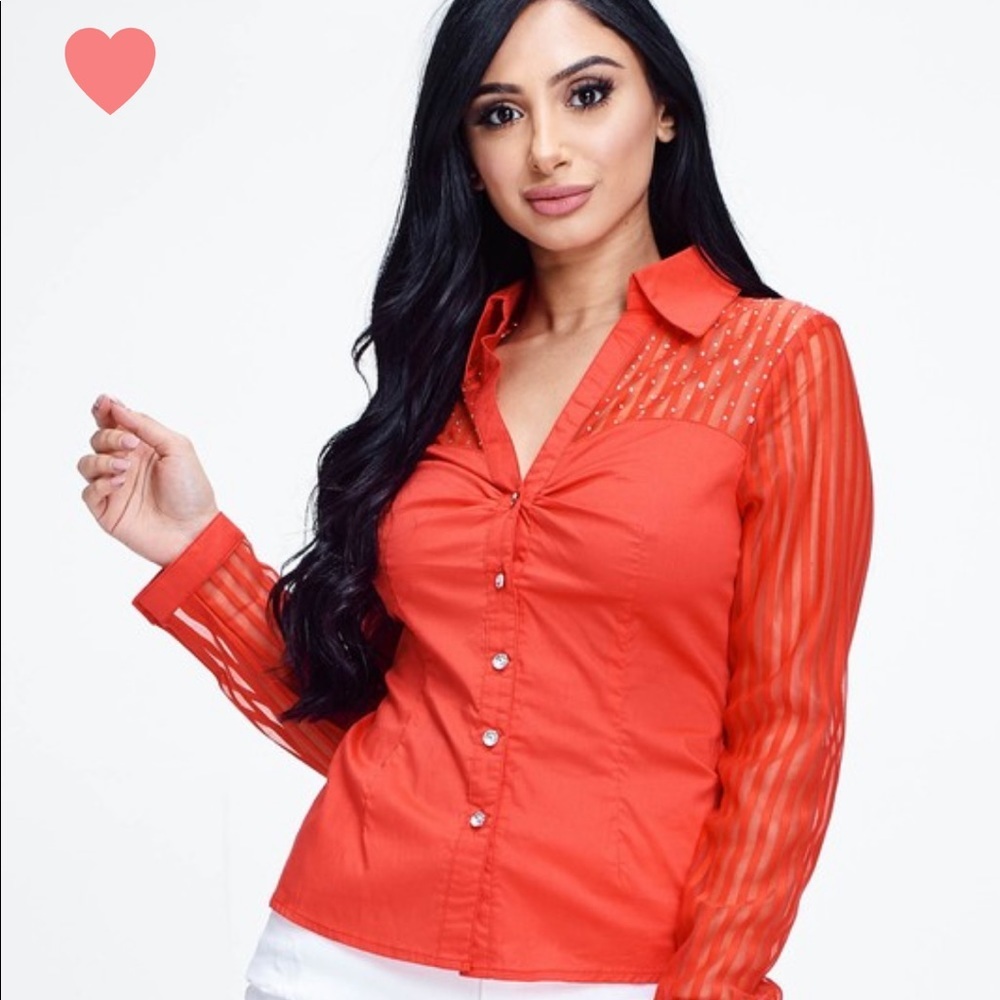 Red Rhinestone Long Sleeve Sheer Button Up